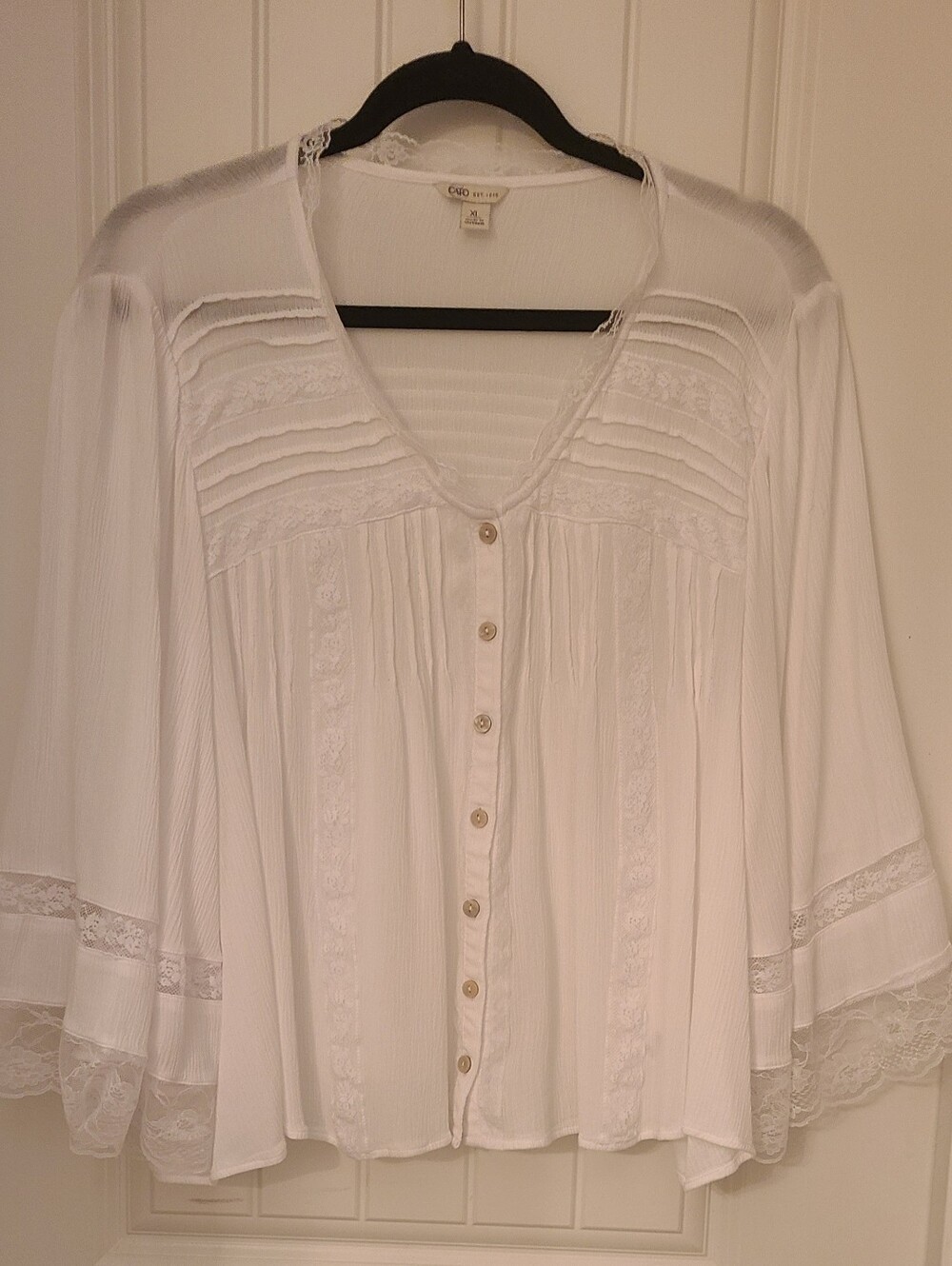 White Lace-Trim Button-Front Blouse